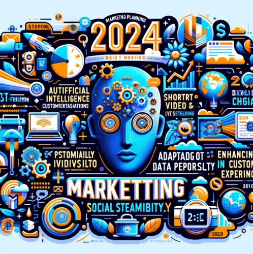 This vibrant and engaging graphic visually represents the key themes discussed in your article, such as artificial intelligence for personalized customer interactions, the relevance of short-form videos and live streaming, adapting to data privacy changes, the importance of sustainability and social responsibility in marketing, enhancing customer experience, content diversity, and the use of innovative technologies like augmented and virtual reality.